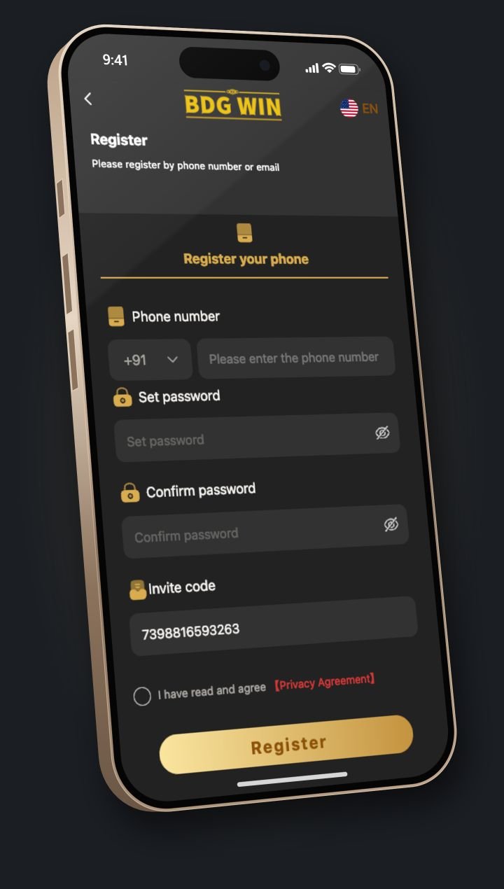 BDG Game register screen on an iPhone, with invite code 7398816593263 in the invite code field